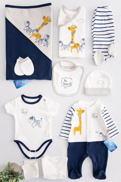 Zürafa Figürlü 10'lu Tulumlu Erkek Bebek Hastane Çıkışı Zıbın Seti