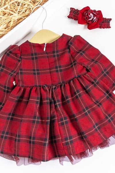 Ekose Desenli Bandanalı Kız Bebek Elbise