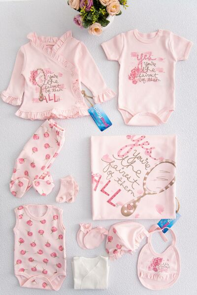 Gül Desenli 10'lu Kız Bebek Hastane Çıkışı Zıbın Seti