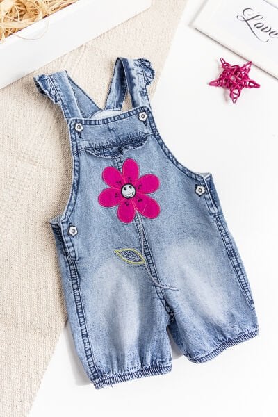 Papatya İşlemeli Denim Kumaş Kız Bebek Salopet Bebek Tulum