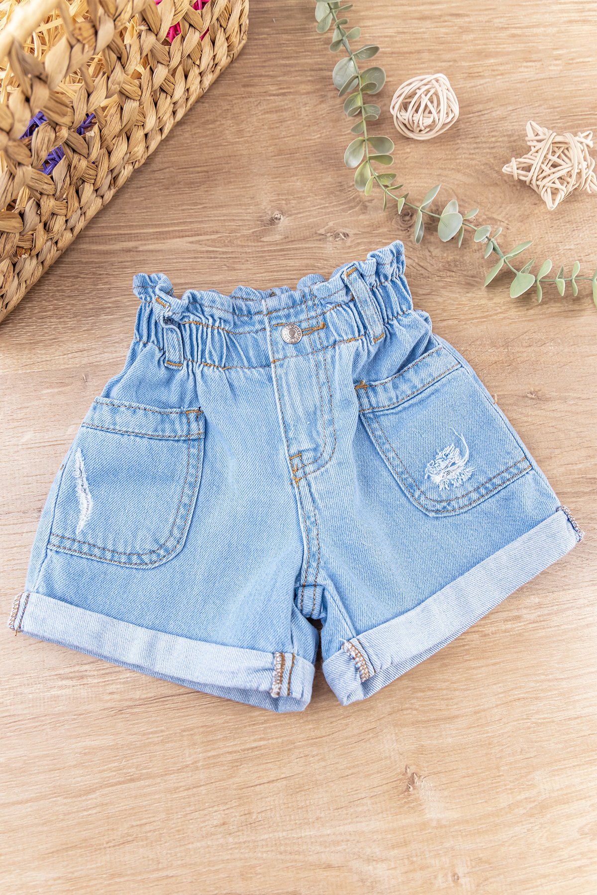 Yüksek Bel Denim Kumaş Kız Bebek/Çocuk Kot Şort