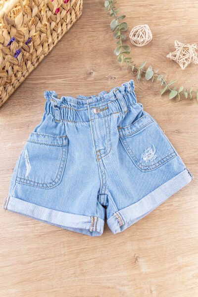 Yüksek Bel Denim Kumaş Kız Bebek/Çocuk Kot Şort