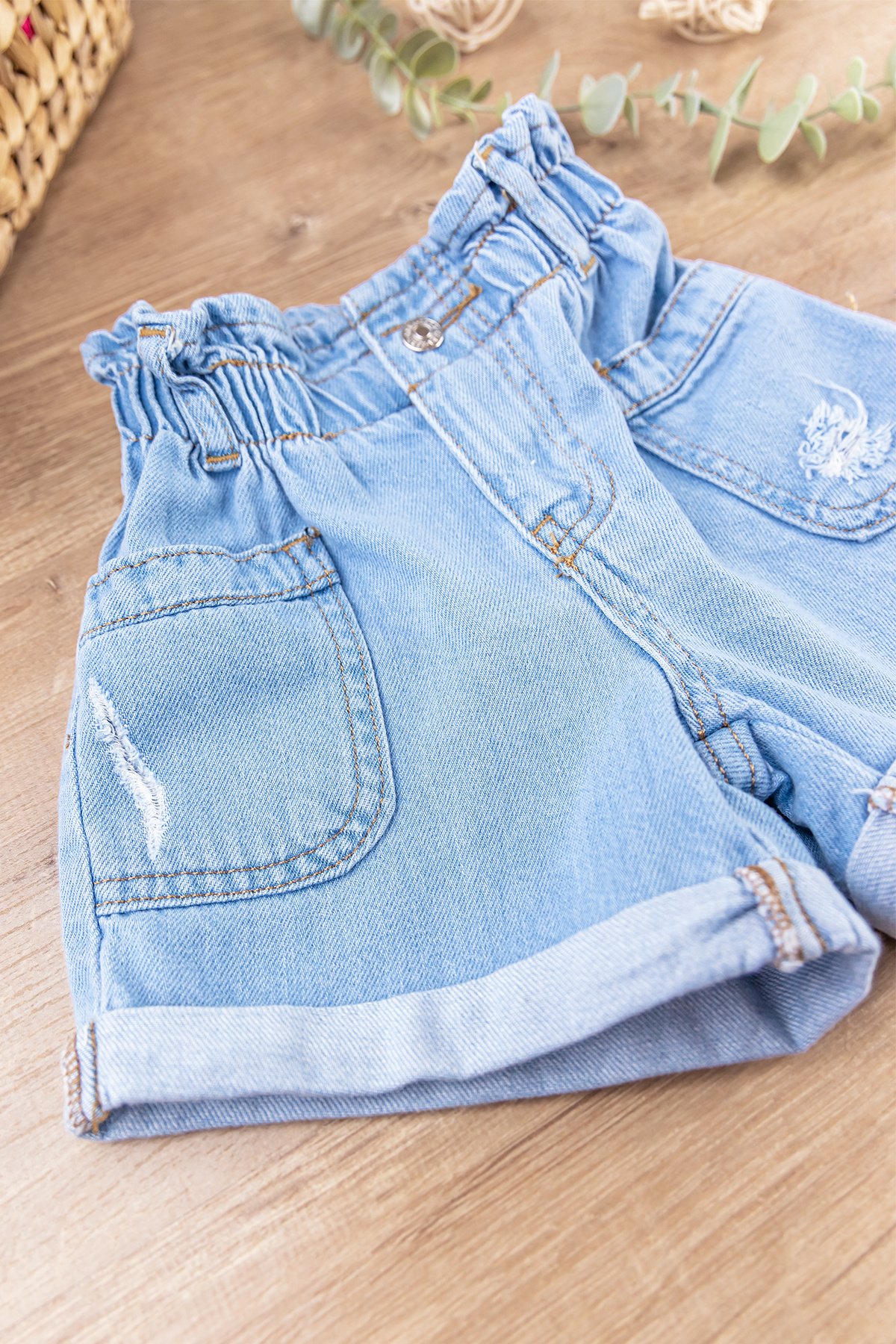 Yüksek Bel Denim Kumaş Kız Bebek/Çocuk Kot Şort