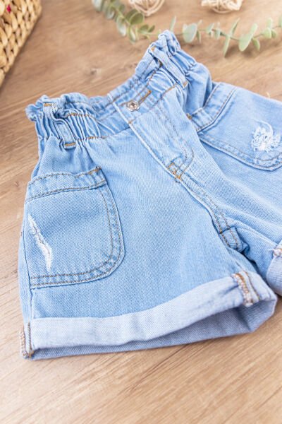 Yüksek Bel Denim Kumaş Kız Bebek/Çocuk Kot Şort