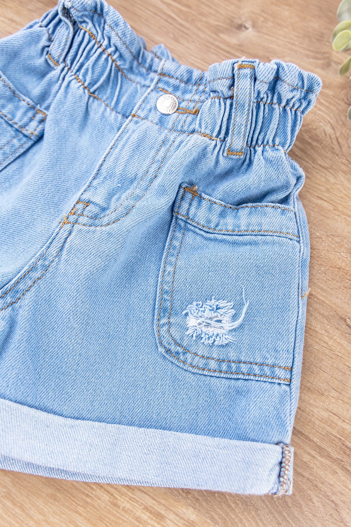 Yüksek Bel Denim Kumaş Kız Bebek/Çocuk Kot Şort