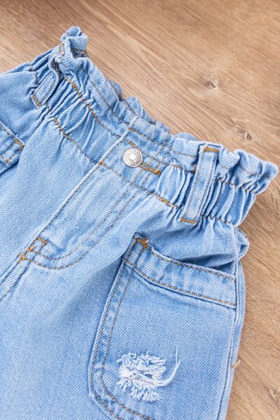 Yüksek Bel Denim Kumaş Kız Bebek/Çocuk Kot Şort