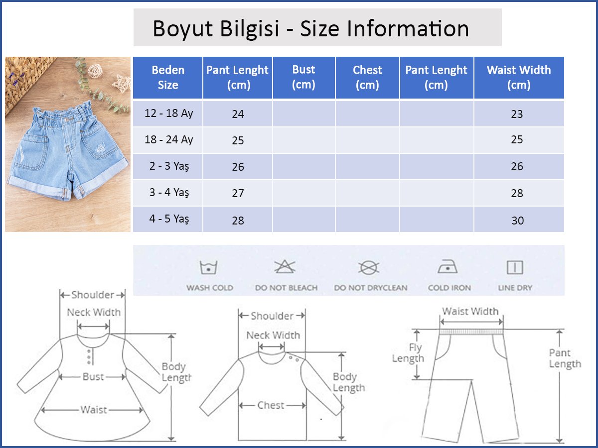 Yüksek Bel Denim Kumaş Kız Bebek/Çocuk Kot Şort