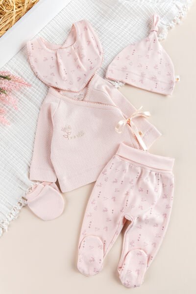 %100 pamuklu Çiçek Desenli 5 Parca Kız Bebek Hastane Çıkışı Bebek Takımı SOMON - Yeni Doğan