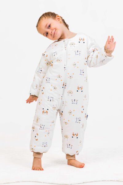 Elyaf Dolgulu 2,5 Tog Pamuklu Penye Astarlı Kız /Erkek Çocuk Uyku Tulumu KREM - 5 Yaş