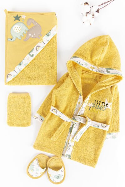 Dino İşlemeli 4 Parça Pamuklu Bebek Havlu Bornoz Seti