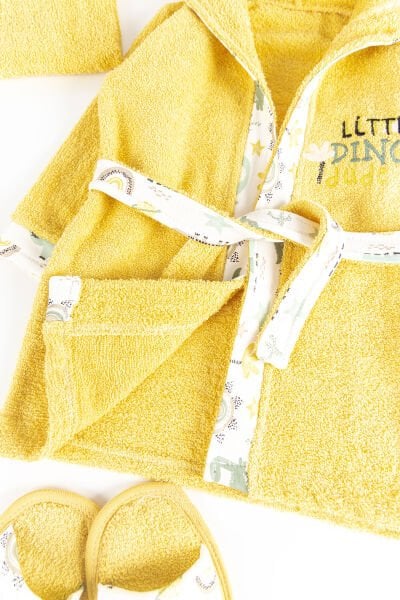 Dino İşlemeli 4 Parça Pamuklu Bebek Havlu Bornoz Seti