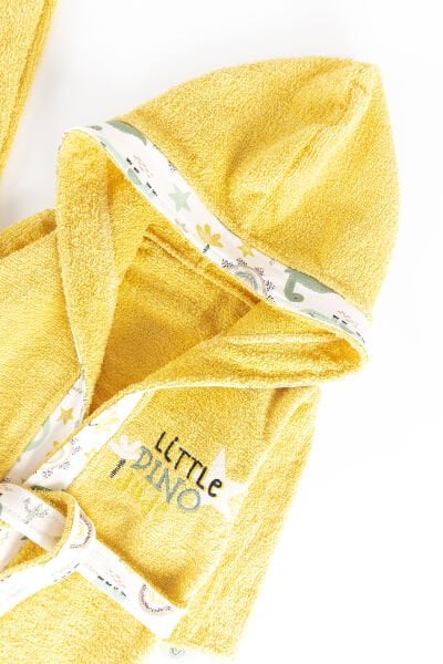 Dino İşlemeli 4 Parça Pamuklu Bebek Havlu Bornoz Seti