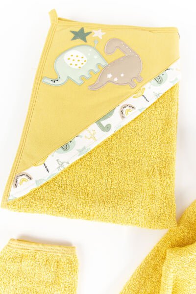 Dino İşlemeli 4 Parça Pamuklu Bebek Havlu Bornoz Seti