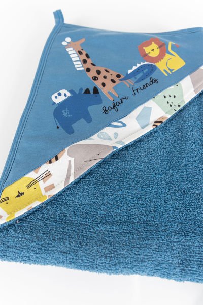 Safari Temalı 4 Parça Pamuklu Erkek Bebek Havlu Bornoz Seti LACİVERT - 0-18 Ay