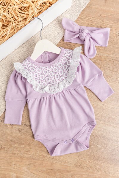 Güpürlü Bandanalı Kız Bebek Tulum Bebek Çıt Çıtlı Body LİLA - 6 Ay
