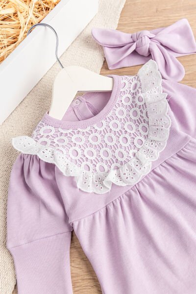 Güpürlü Bandanalı Kız Bebek Tulum Bebek Çıt Çıtlı Body LİLA - 6 Ay