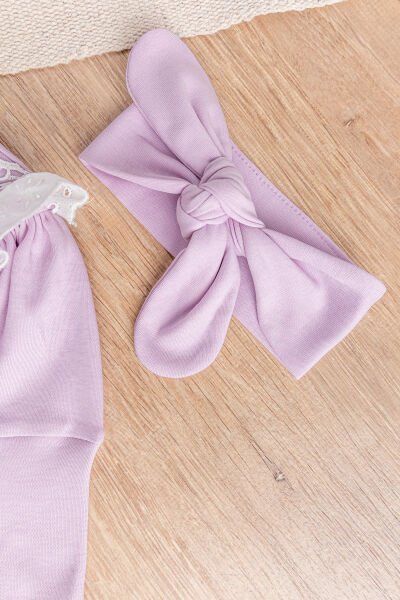 Güpürlü Bandanalı Kız Bebek Tulum Bebek Çıt Çıtlı Body LİLA - 6 Ay