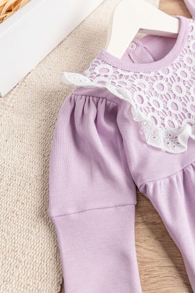 Güpürlü Bandanalı Kız Bebek Tulum Bebek Çıt Çıtlı Body LİLA - 6 Ay