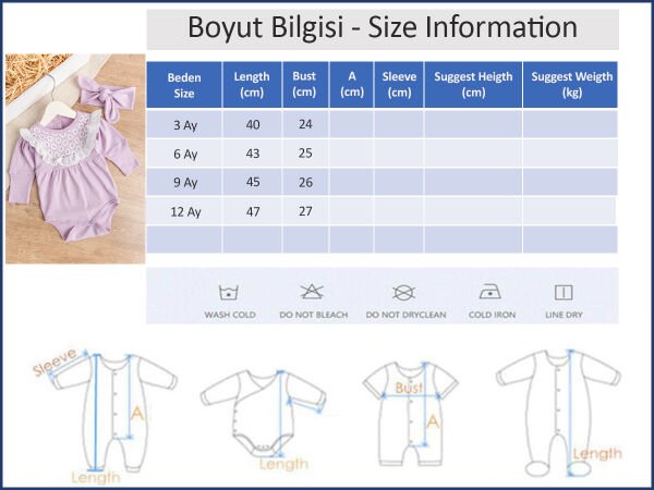Güpürlü Bandanalı Kız Bebek Tulum Bebek Çıt Çıtlı Body LİLA - 6 Ay
