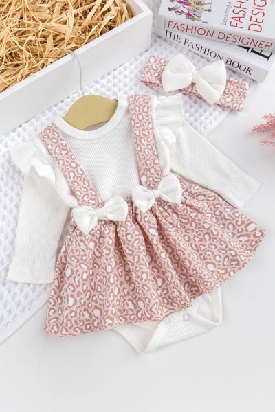 Kız Bebek Leopar Desenli Bandanalı Şık Jile Elbise Etek Doğumgünü Özel Gün Takım SOMON -  6-9 AY