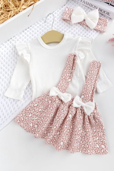 Kız Bebek Leopar Desenli Bandanalı Şık Jile Elbise Etek Doğumgünü Özel Gün Takım SOMON -  6-9 AY