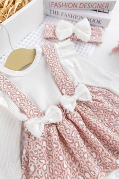 Kız Bebek Leopar Desenli Bandanalı Şık Jile Elbise Etek Doğumgünü Özel Gün Takım SOMON -  6-9 AY