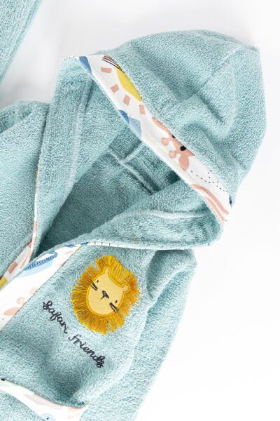 Safari Temalı 4 Parça Pamuklu Erkek Bebek Havlu Bornoz Seti SU YEŞİLİ - 0-18 Ay