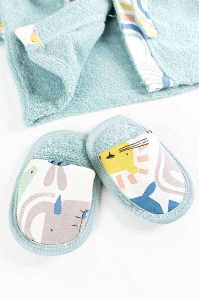 Safari Temalı 4 Parça Pamuklu Erkek Bebek Havlu Bornoz Seti SU YEŞİLİ - 0-18 Ay