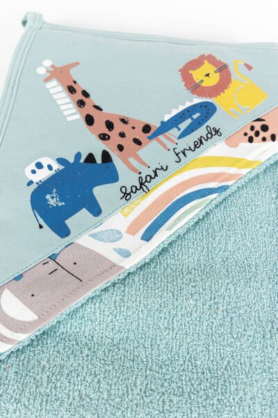 Safari Temalı 4 Parça Pamuklu Erkek Bebek Havlu Bornoz Seti SU YEŞİLİ - 0-18 Ay