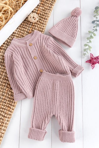 Triko Hırkalı Bereli Unisex Kışlık Şapkalı Bebek Takım Gül kurusu -  6-9 AY