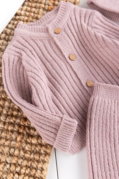 Triko Hırkalı Bereli Unisex Kışlık Şapkalı Bebek Takım Gül kurusu -  6-9 AY