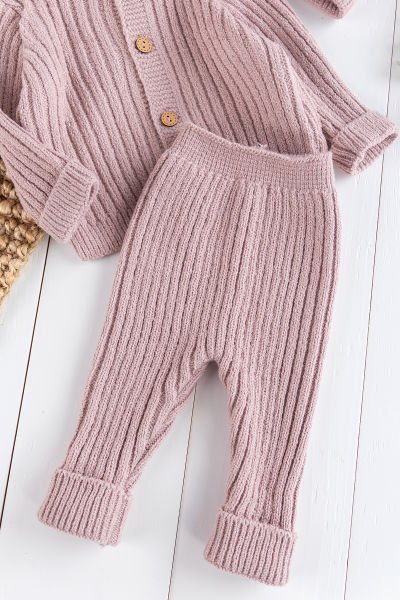 Triko Hırkalı Bereli Unisex Kışlık Şapkalı Bebek Takım Gül kurusu -  6-9 AY