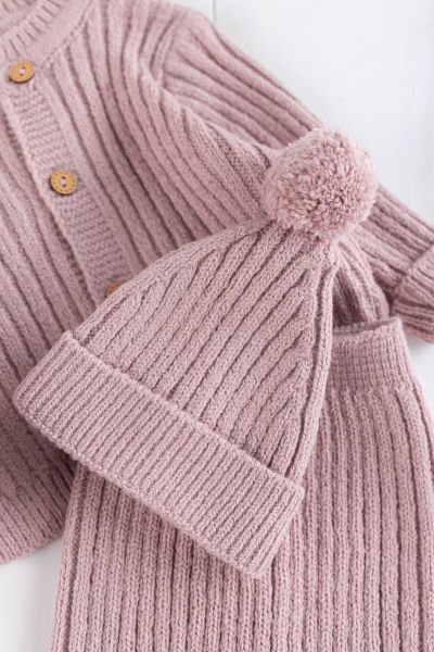 Triko Hırkalı Bereli Unisex Kışlık Şapkalı Bebek Takım Gül kurusu -  6-9 AY