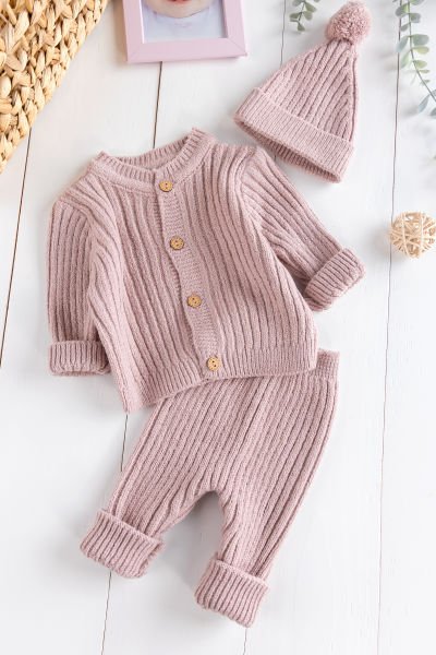 Triko Hırkalı Bereli Unisex Kışlık Şapkalı Bebek Takım Gül kurusu -  6-9 AY