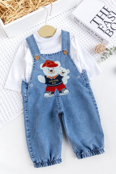 Erkek Bebek Ayıcık Nakışlı  2'li Denim Şık Kot Salopet Tulum Takım