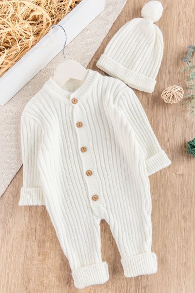 Triko Kışlık Bereli Kız/Erkek Bebek Tulum Krem