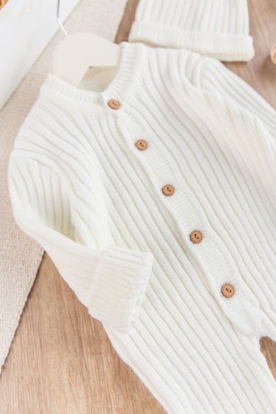 Triko Kışlık Bereli Kız/Erkek Bebek Tulum Krem