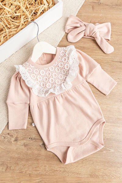 Güpürlü Bandanalı Kız Bebek Tulum Bebek Çıt Çıtlı Body SOMON -  12 Ay