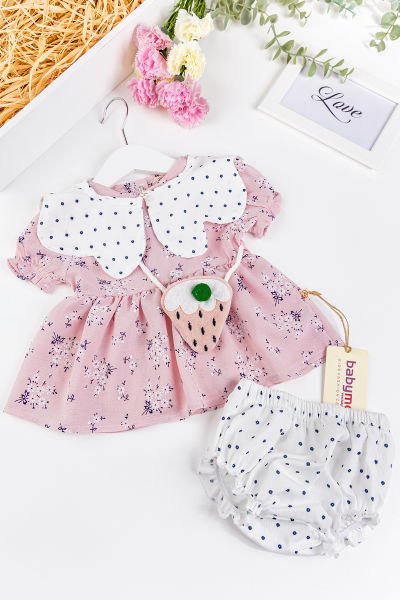 Çiçekli Çilek Çantalı Yazlık Kız Bebek Elbise Bebek Takım