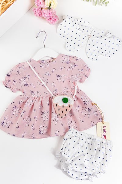 Çiçekli Çilek Çantalı Yazlık Kız Bebek Elbise Bebek Takım