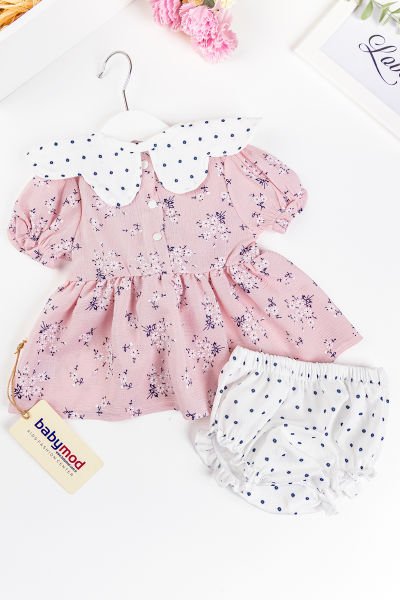Çiçekli Çilek Çantalı Yazlık Kız Bebek Elbise Bebek Takım