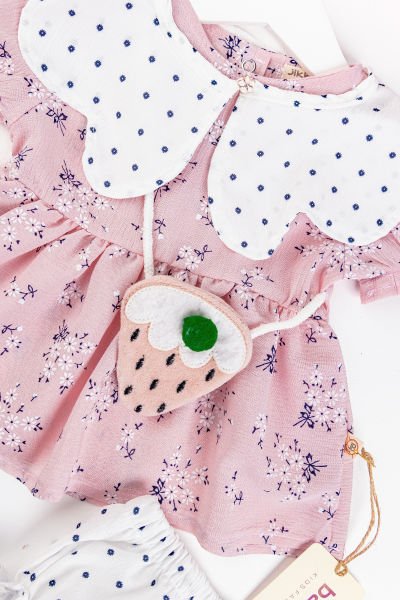 Çiçekli Çilek Çantalı Yazlık Kız Bebek Elbise Bebek Takım