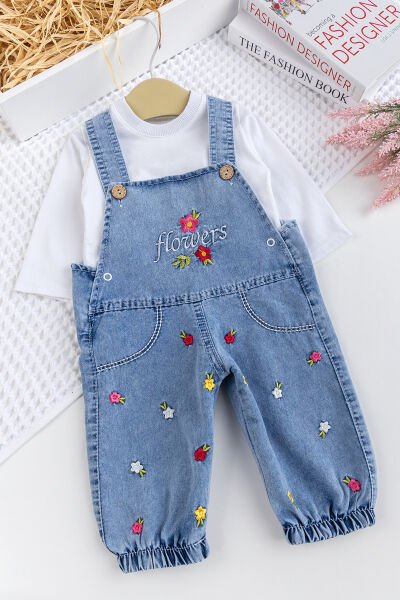 Kız Bebek Çiçek Nakışlı Pamuklu 2'li Denim Şık Kot Salopet Tulum Takım MAVİ -  9-12 AY