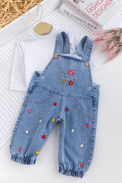 Kız Bebek Çiçek Nakışlı Pamuklu 2'li Denim Şık Kot Salopet Tulum Takım MAVİ -  9-12 AY