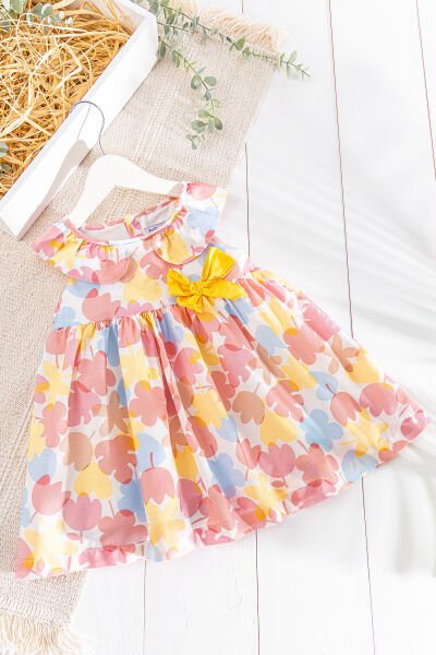 Çiçek Desenli Fiyonklu Yazlık Kız Bebek/Çocuk Elbise SOMON - 18-24 AY