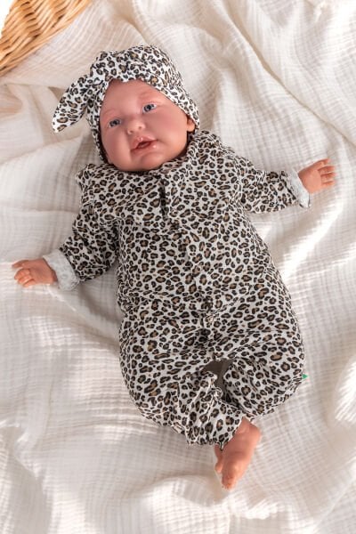 Leopar Desenli Bandanalı Kız Bebek Tulum
