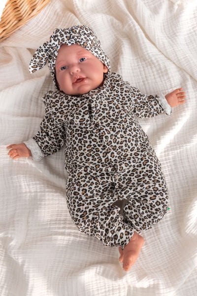 Leopar Desenli Bandanalı Kız Bebek Tulum