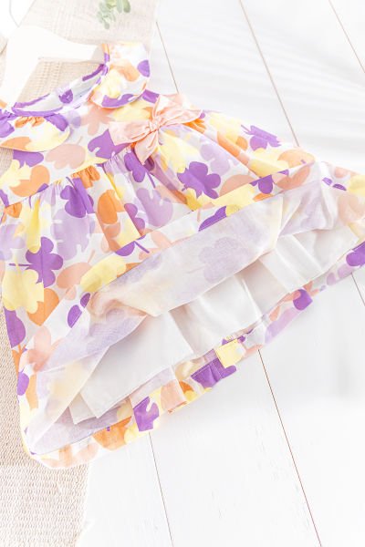 Çiçek Desenli Fiyonklu Yazlık Kız Bebek/Çocuk Elbise LİLA - 18-24 AY