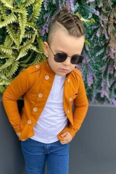 Erkek Çocuk Omzu ve Ceket Yakası Düğme Detaylı Cepli Blazer Ceketli Hardal Alt Üst Takım