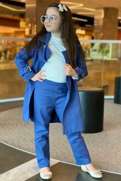 Kız Çocuk Beli Kuşaklı Gabardin Trençkotlu Pantolon ve Bluzlu Mavi Alt Üst Takım